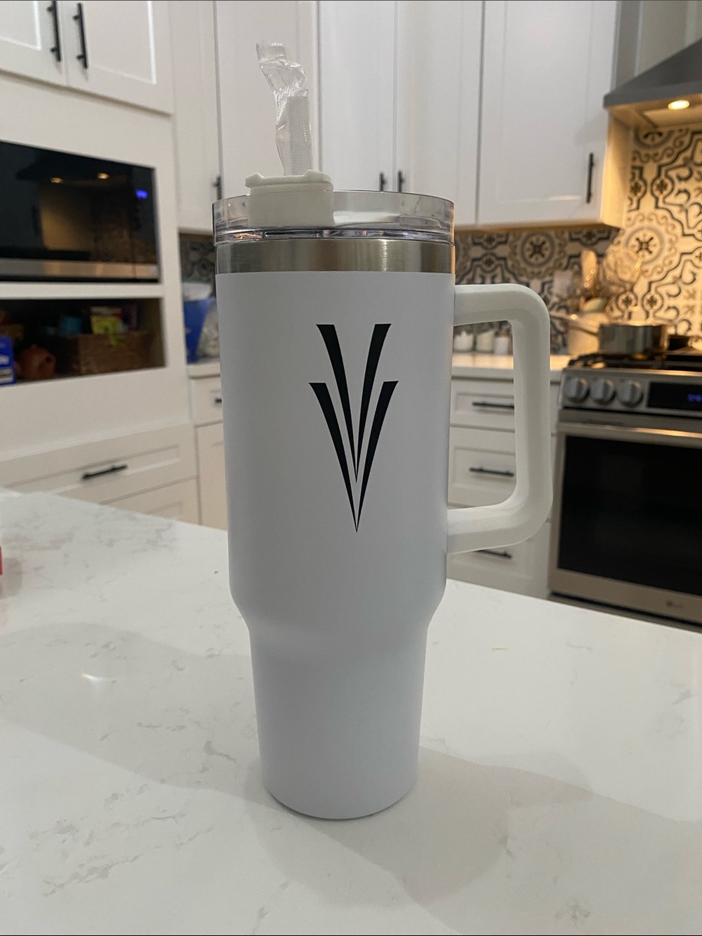 White Insulated Travel Mug with Handle and Black Accent - Unbranded